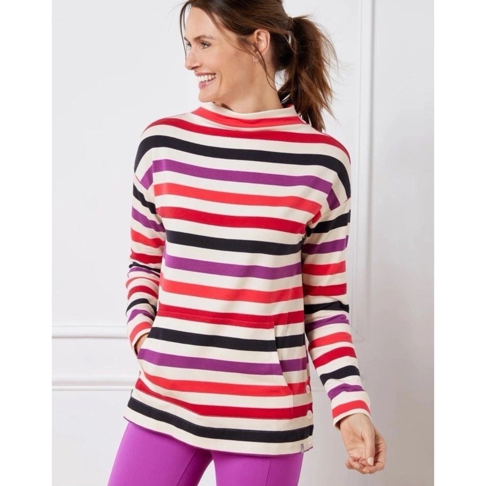 T By Talbots BUTTON DETAIL PULLOVER - ALPINE STRIPE Mockneck Sweater Women's S